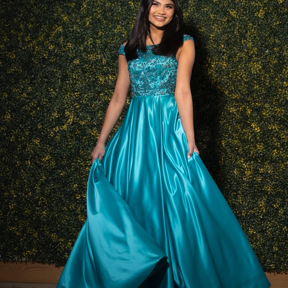 Sherri Hill Teal Satin Ball Gown with Beaded Bodice